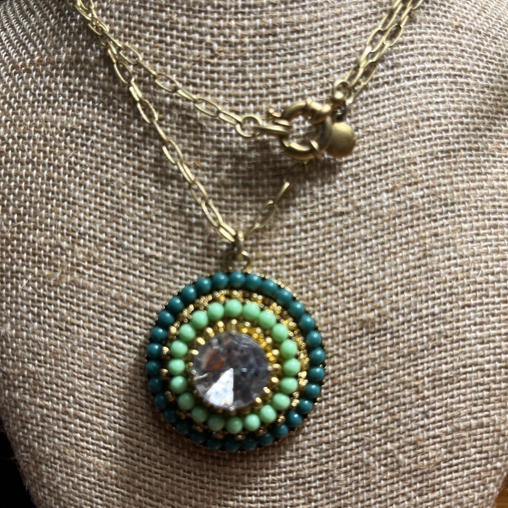 J. Crew Gold Necklace with Green Beaded Pendant about 15” drop